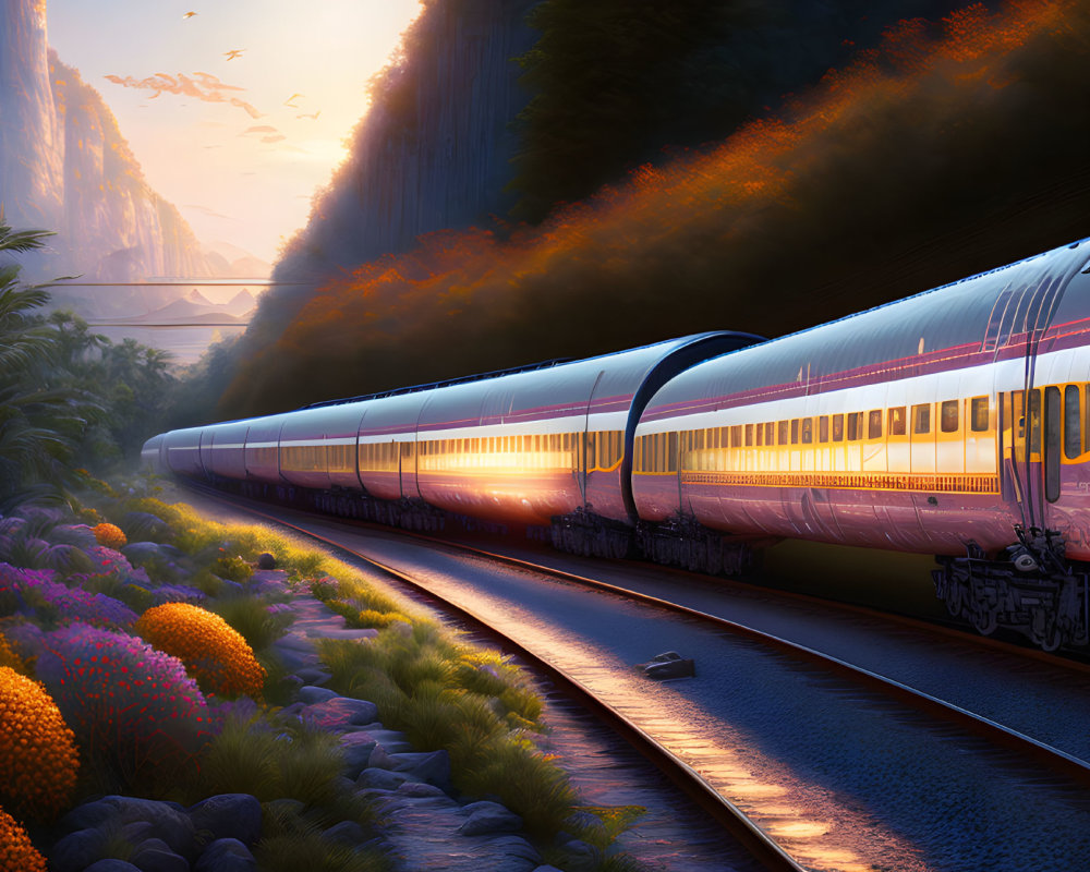 Futuristic train in lush valley at sunset with vibrant flowers and mountains.