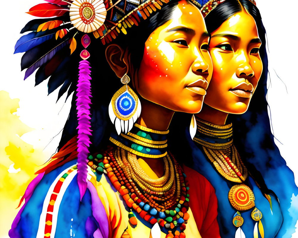 Indigenous Attire and Headdresses Against Abstract Yellow Background