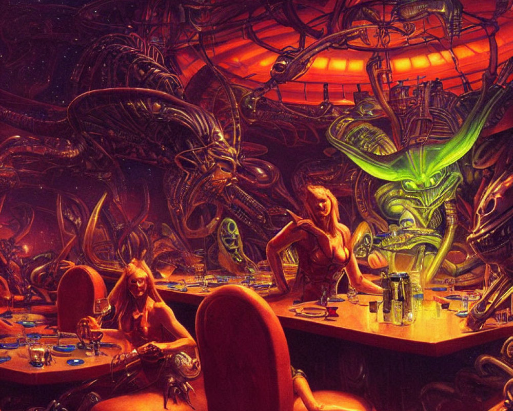 Detailed Sci-Fi Scene: Alien Beings in Biomechanical Bar