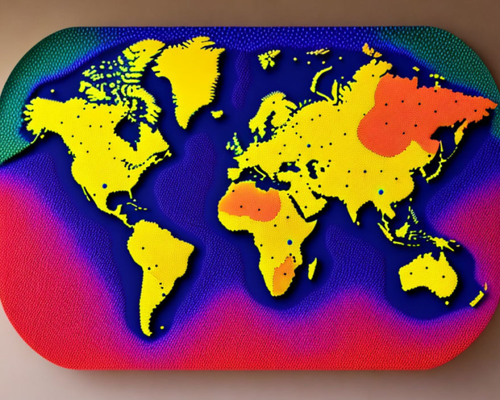 Colorful Pixelated World Map in Retro Video Game Style on Purple to Orange Gradient Background
