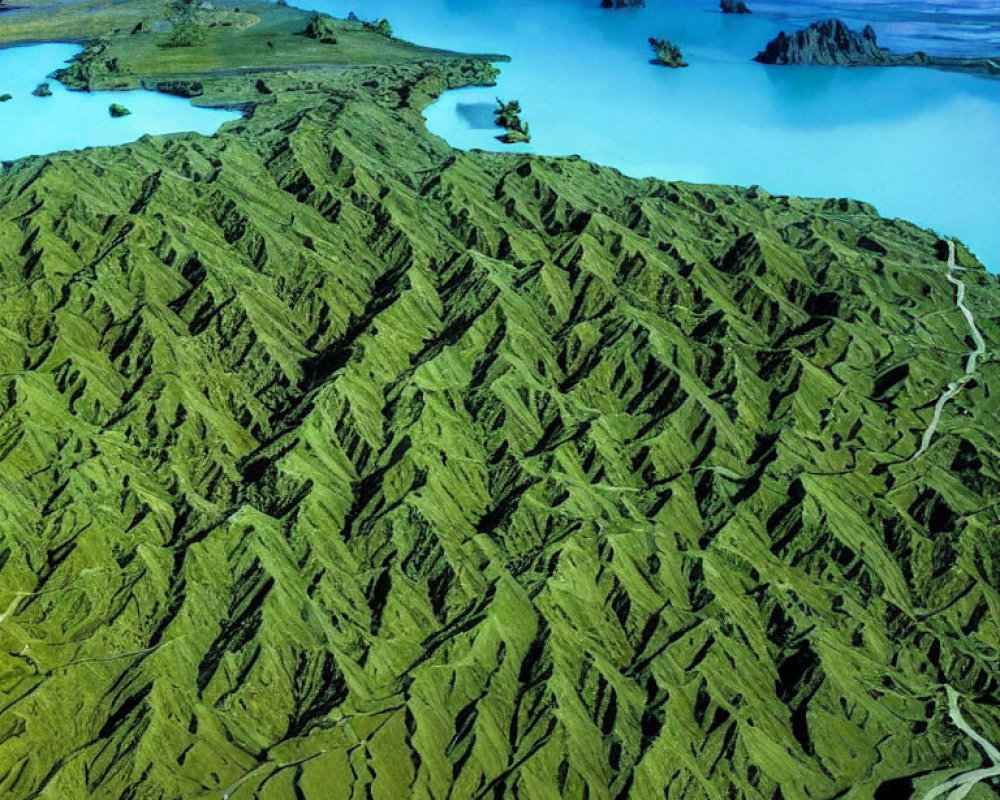 Scenic aerial view of green hilly terrain and blue water with islands