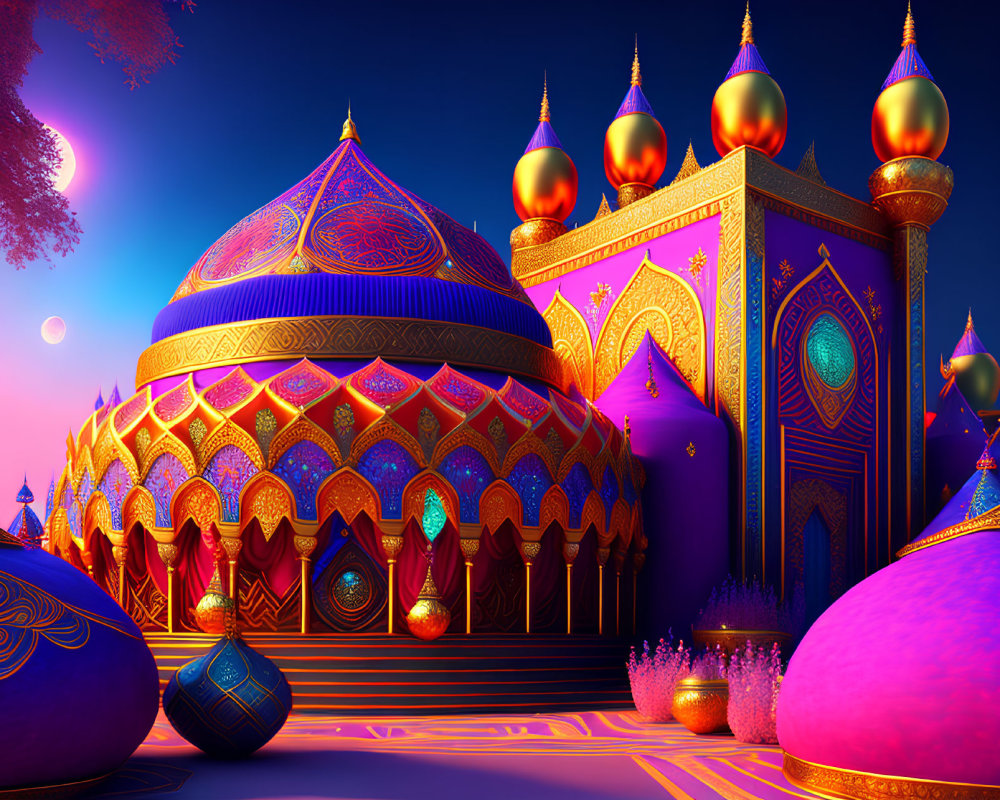Fantastical palace with ornate domes and colorful ornaments
