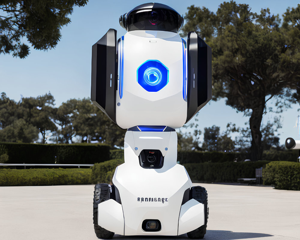 White Security Robot with Blue Light and Cameras Outdoors