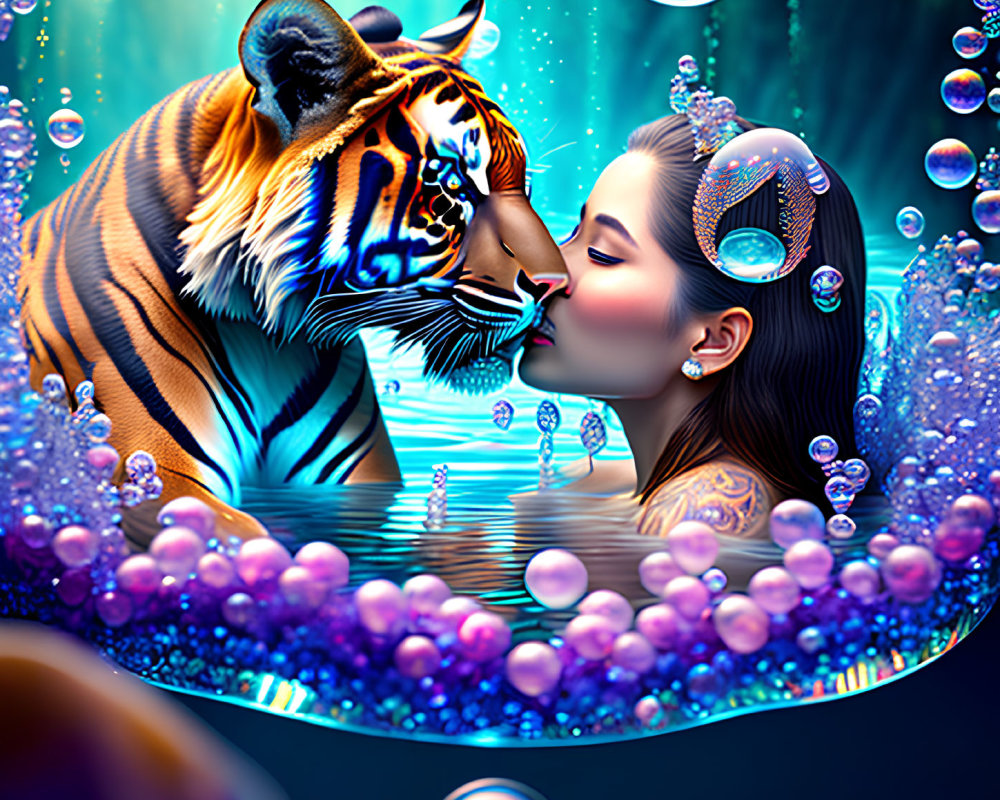Woman and tiger touching noses in vibrant underwater scene
