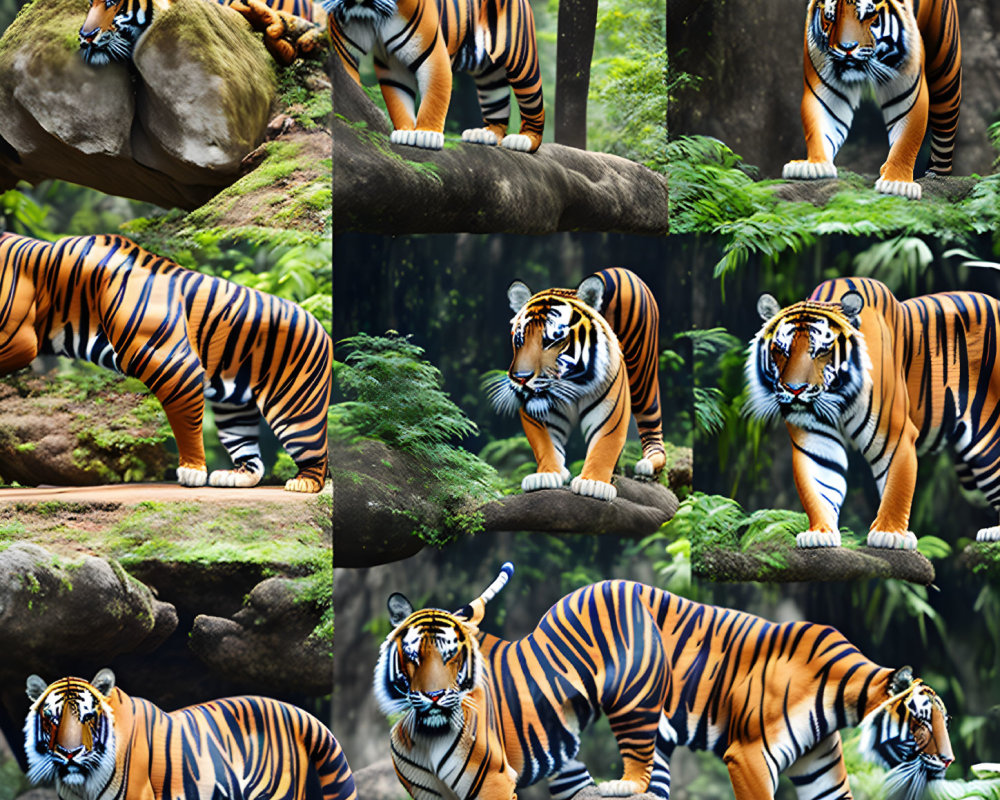 Bengal tiger in lush green forest with nine poses among rocks and foliage