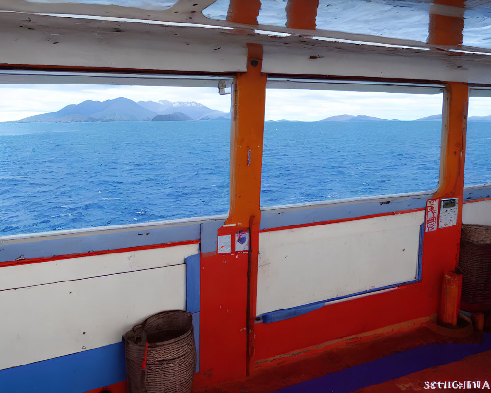 Serene blue sea and distant mountains through boat's colorful windows