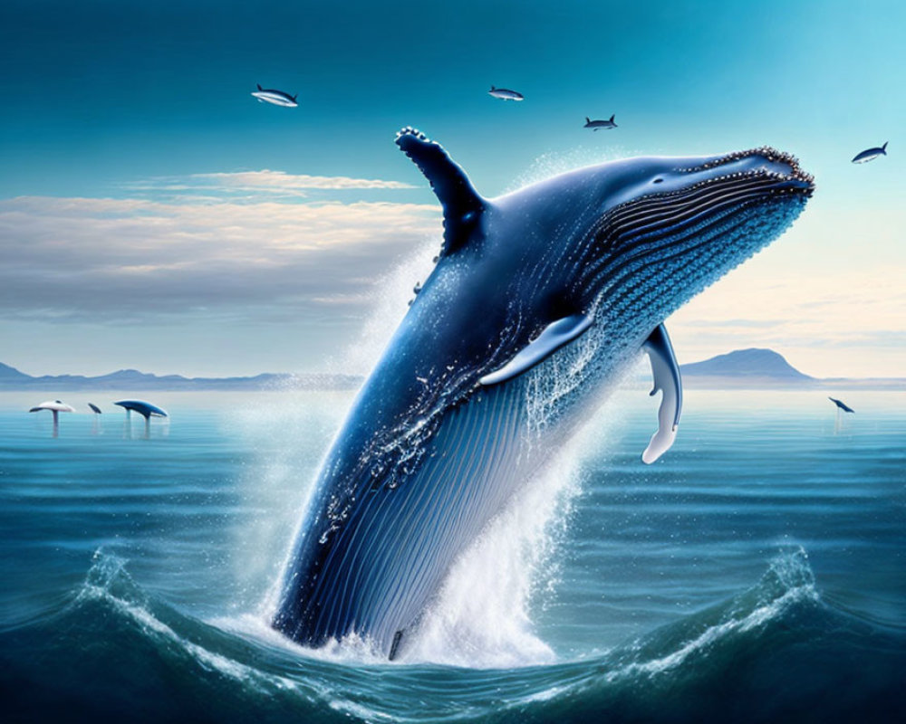 Majestic whale breaching with birds and coastline in the background