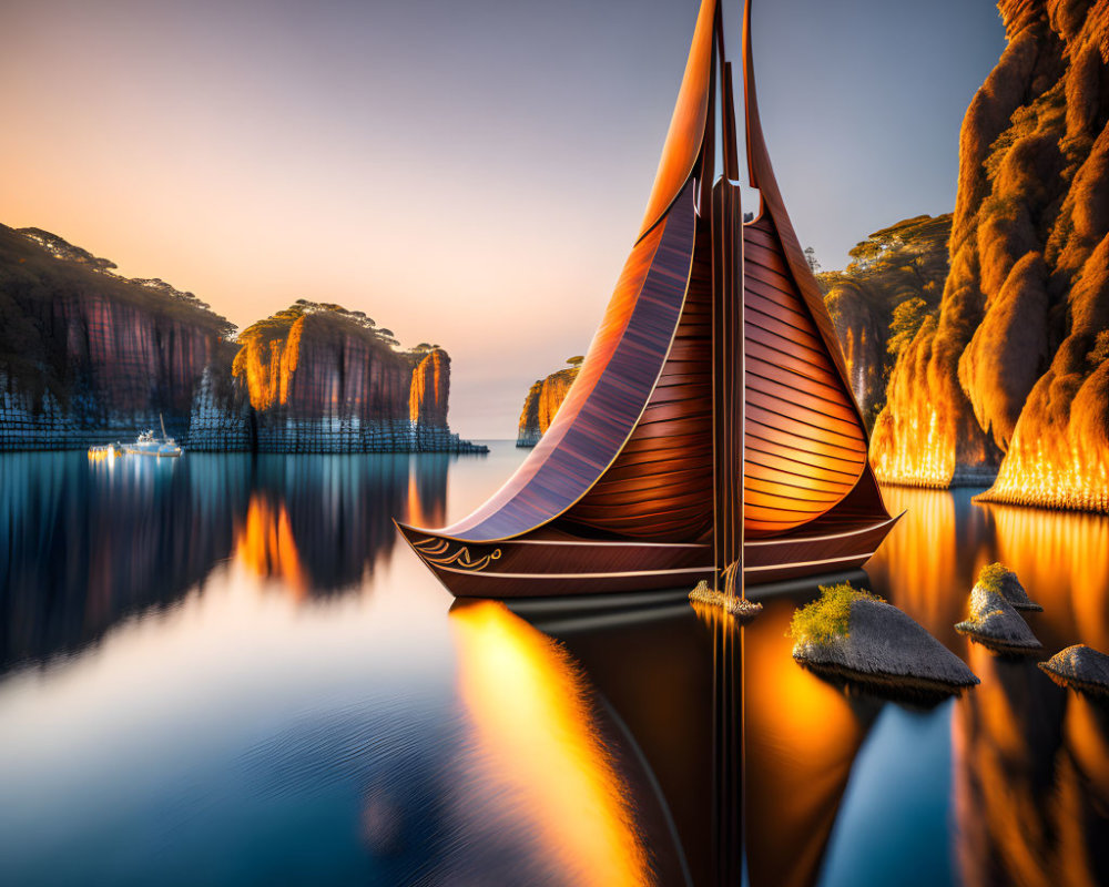 Wooden boat with tall sail on tranquil waters at twilight