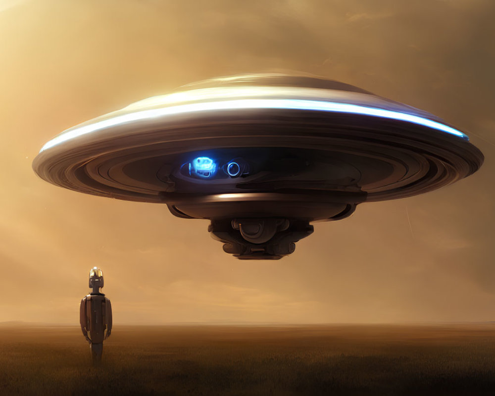 Robot gazes at hovering UFO in barren landscape