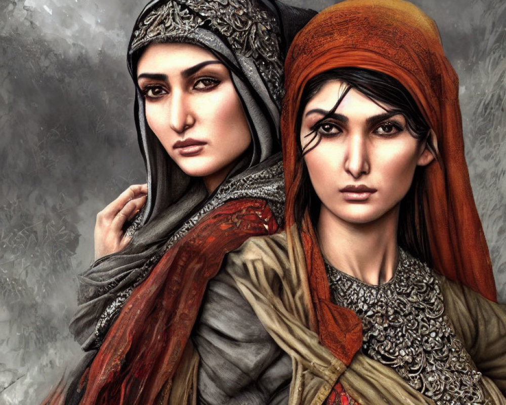 Traditional headscarves and garments on two women in detailed patterns against a smoky background