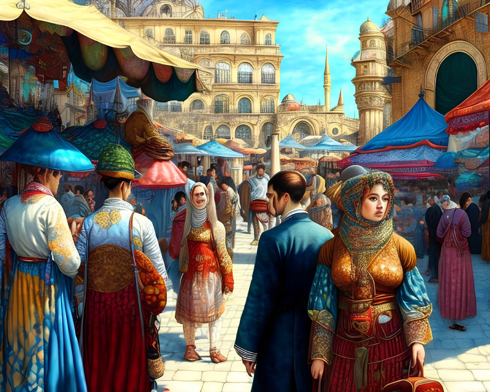 Vibrant traditional market with colorful stalls and historic architecture
