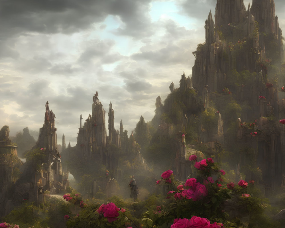Ethereal landscape with towering spires and oversized pink roses in misty forest