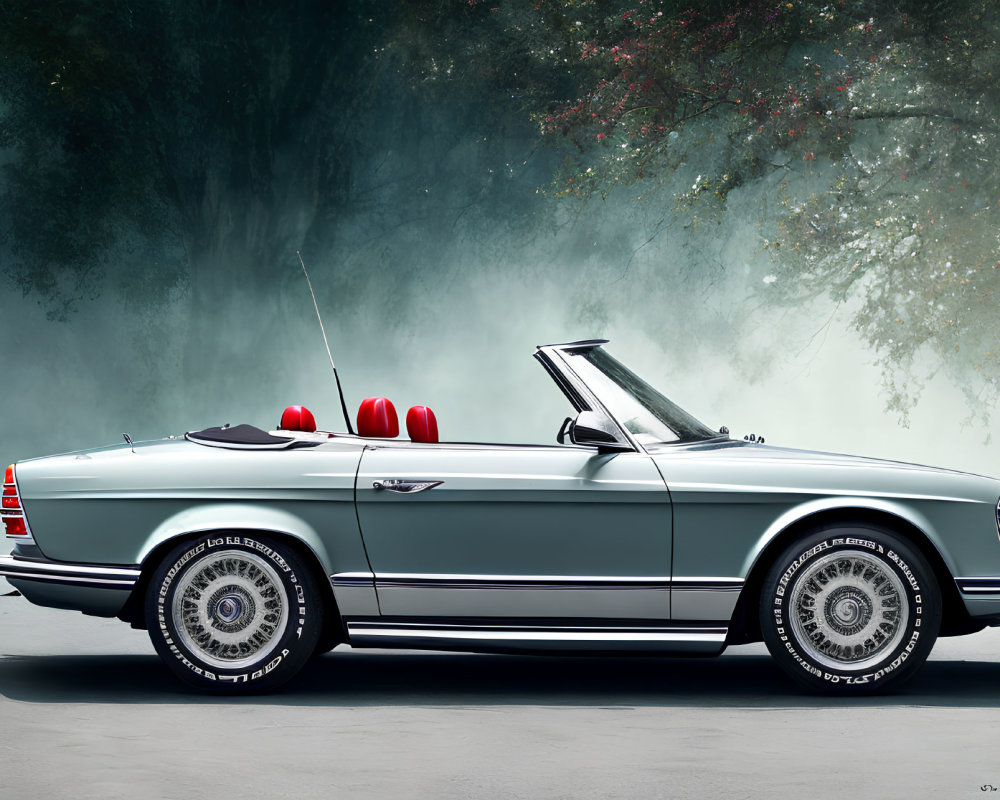 Vintage Convertible Car with Chrome Details and White-Wall Tires Parked Against Misty Trees
