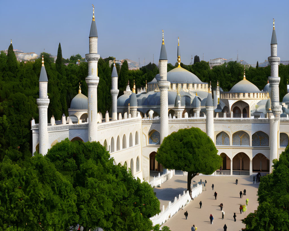 Mosque-inspired building with minarets and domes in lush setting