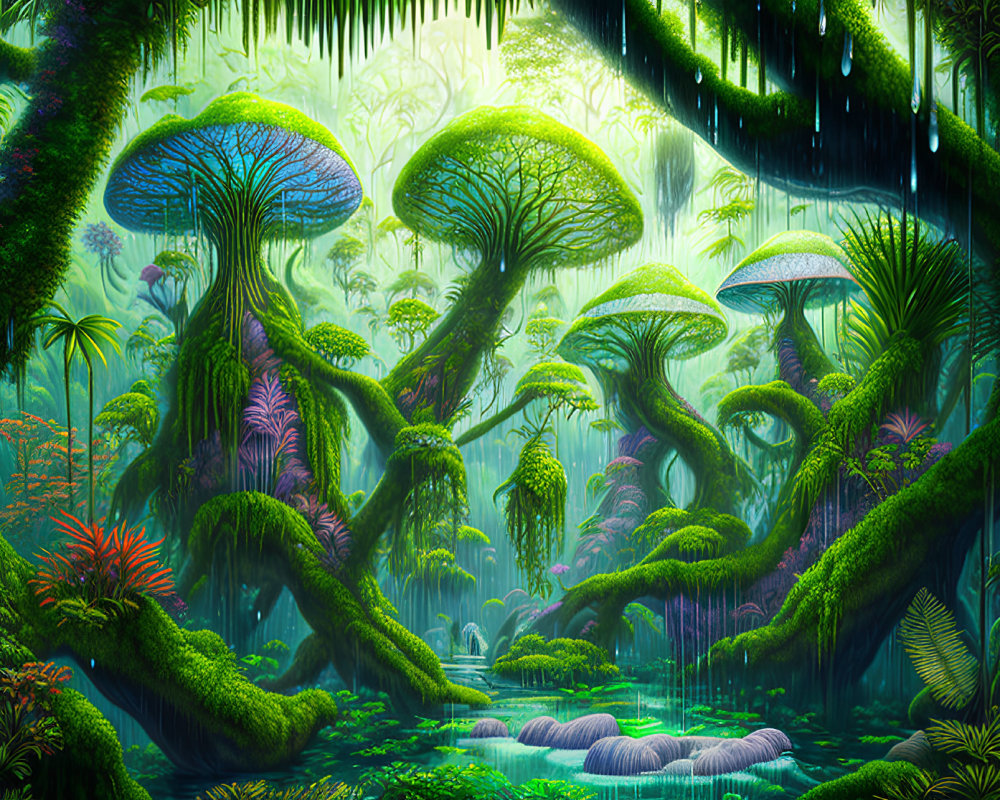 Fantasy forest with oversized mushroom trees and sparkling ponds
