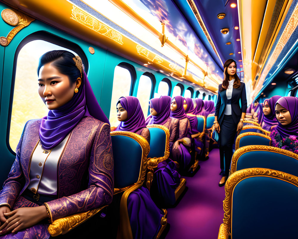 Digital Artwork: Women in Hijabs in Luxurious Train Carriage