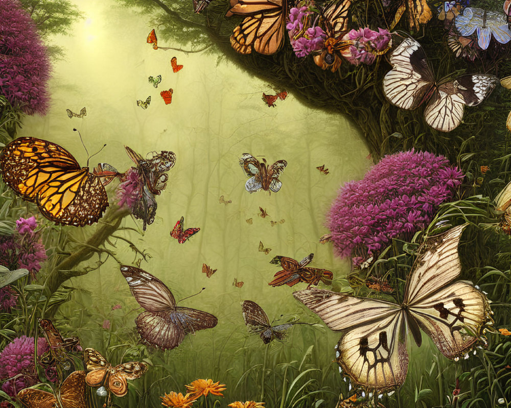 Colorful butterflies in lush garden scene with vibrant flowers and green foliage