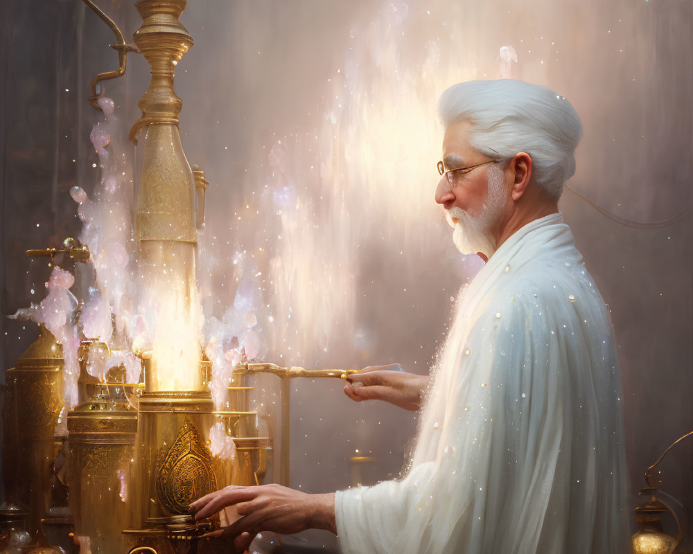 Elderly man conducting alchemical experiment with wand and ornate apparatus