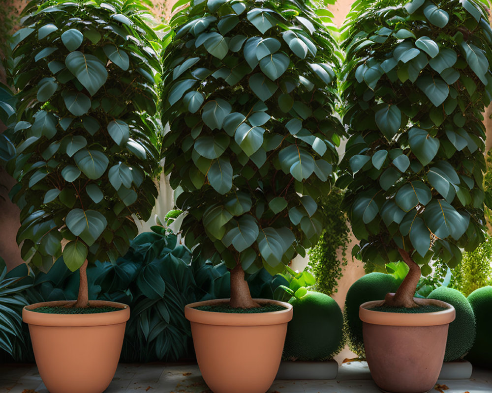 Three Broad-Leaved Green Potted Plants Against Orange Wall