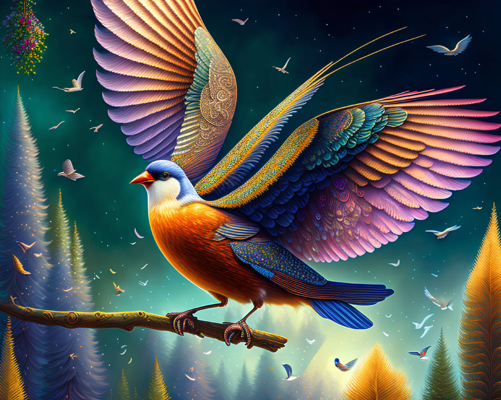 Colorful bird with expanded wings on branch in starry night scene