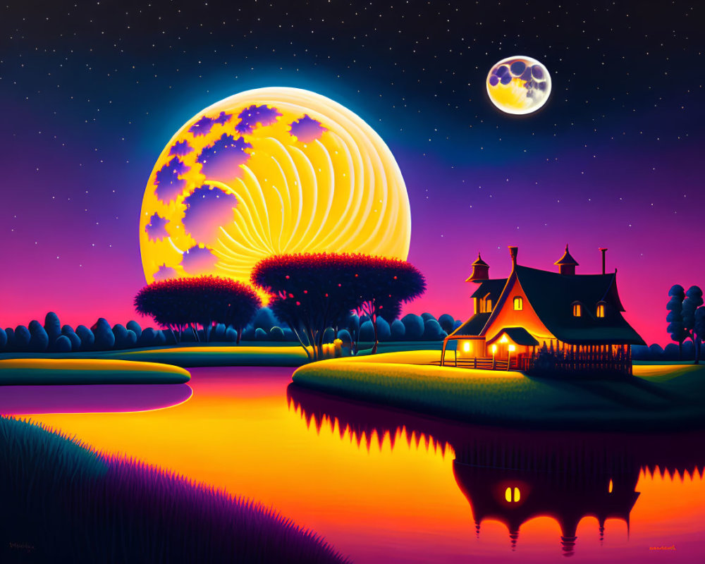 Vibrant stylized night landscape with moon, celestial body, river, and cozy house among lush