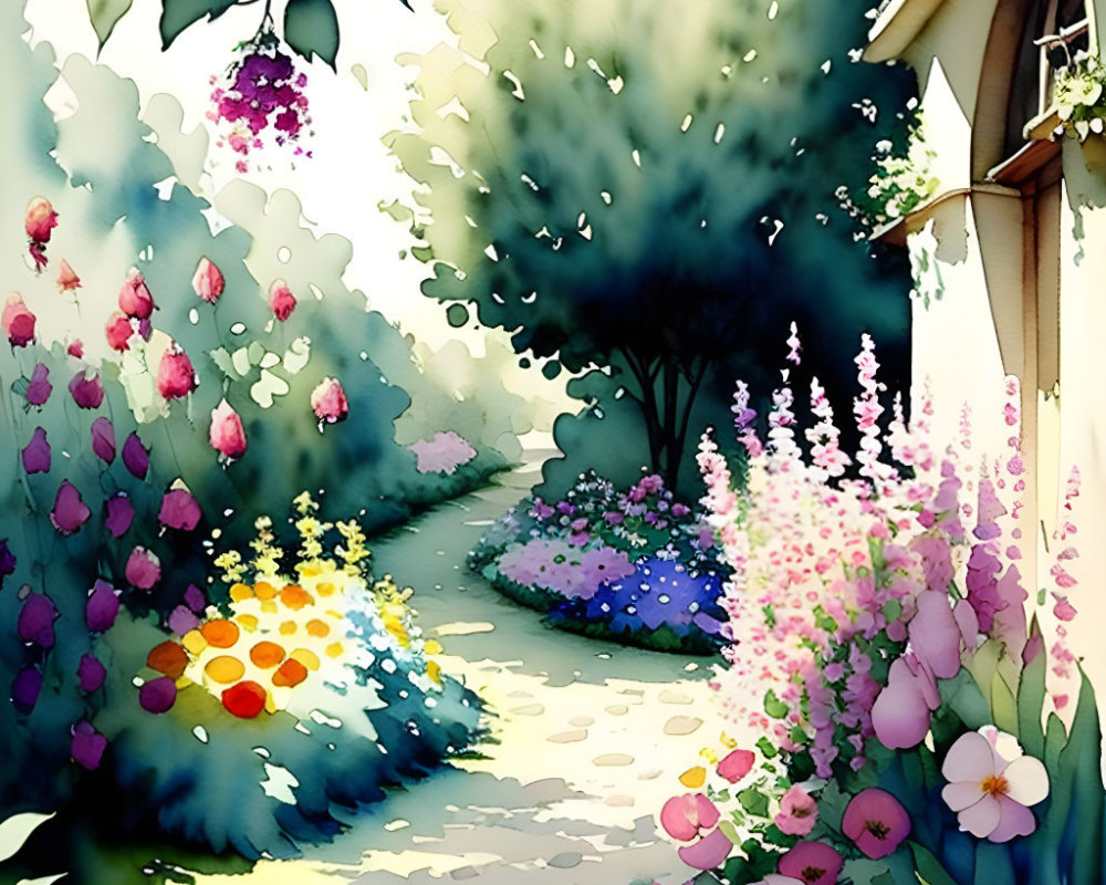 Colorful garden scene with flowers, trees, path, and house corner