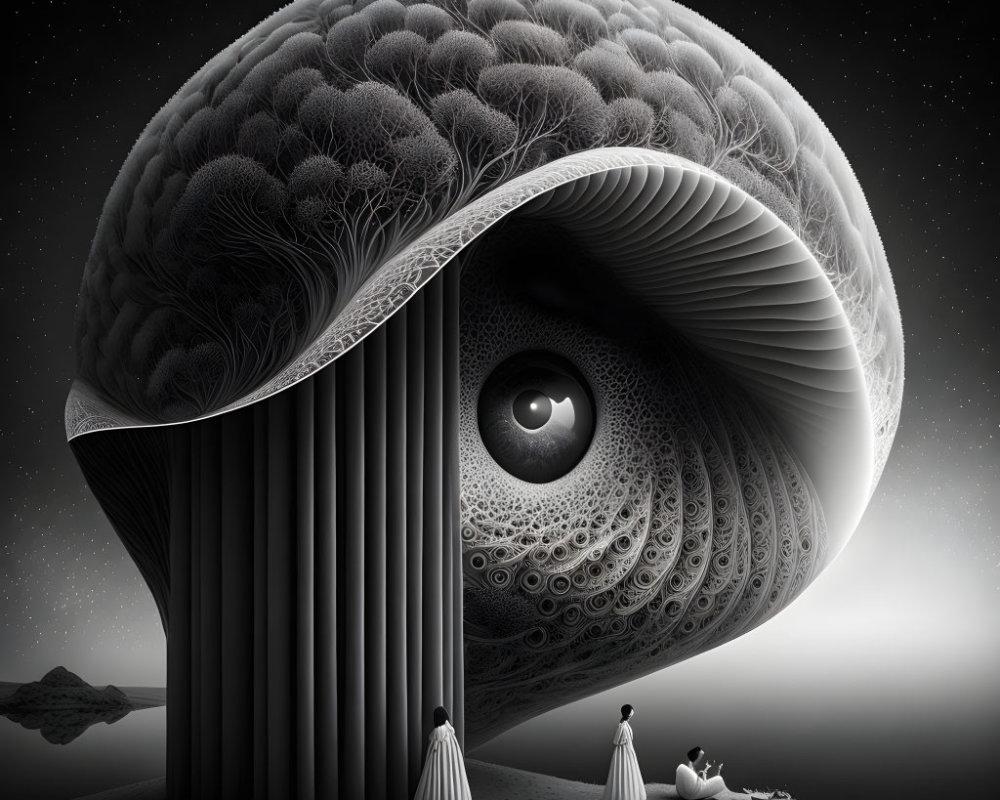 Surreal artwork: Figures in robes gaze at colossal brain-like structure
