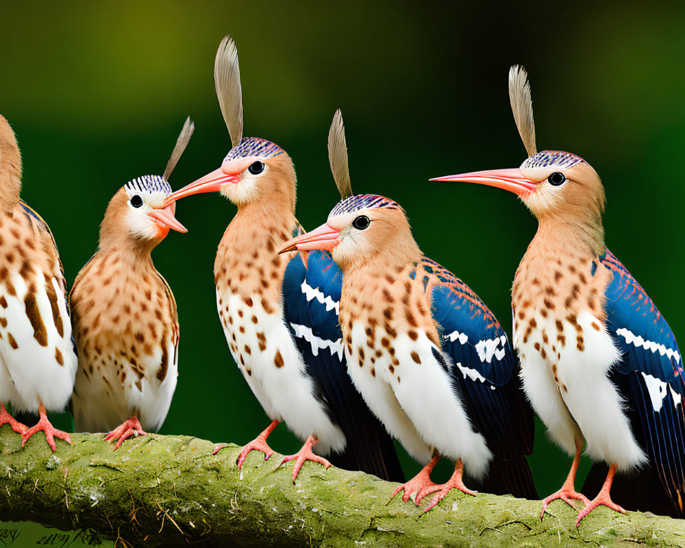 Five birds with spotted brown plumage and long orange beaks perched on a branch against a green
