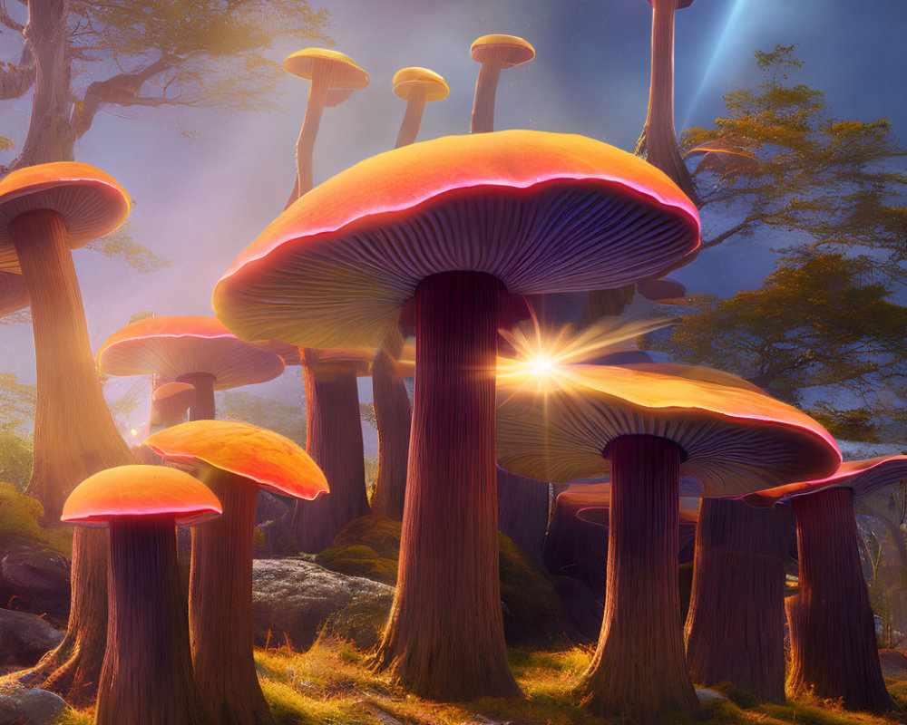 Luminous oversized mushrooms in mystical forest setting