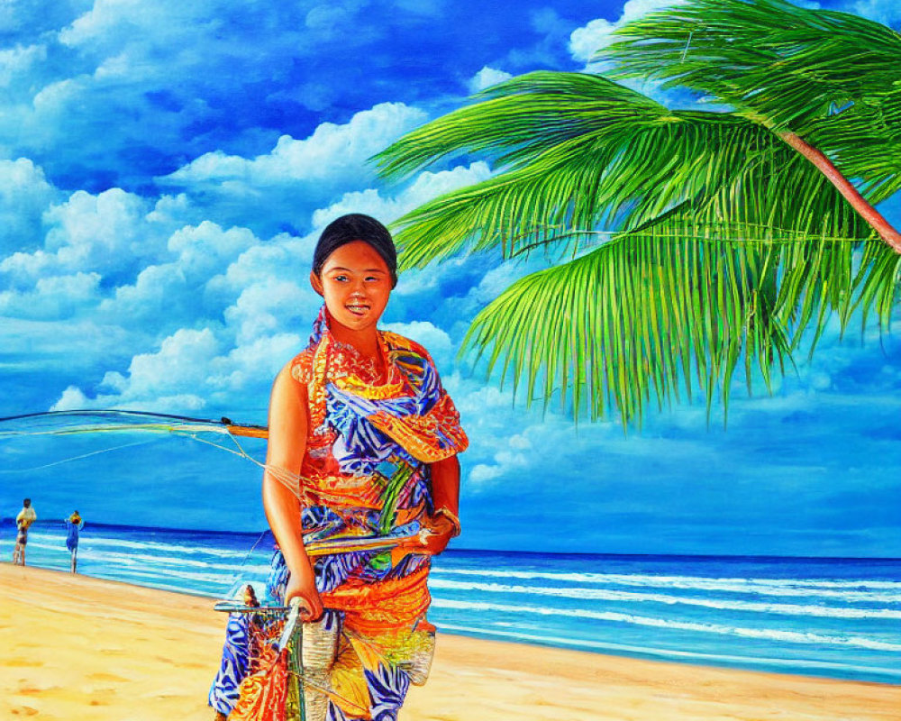 Smiling person with stick on sunny beach with blue sky and palm leaves