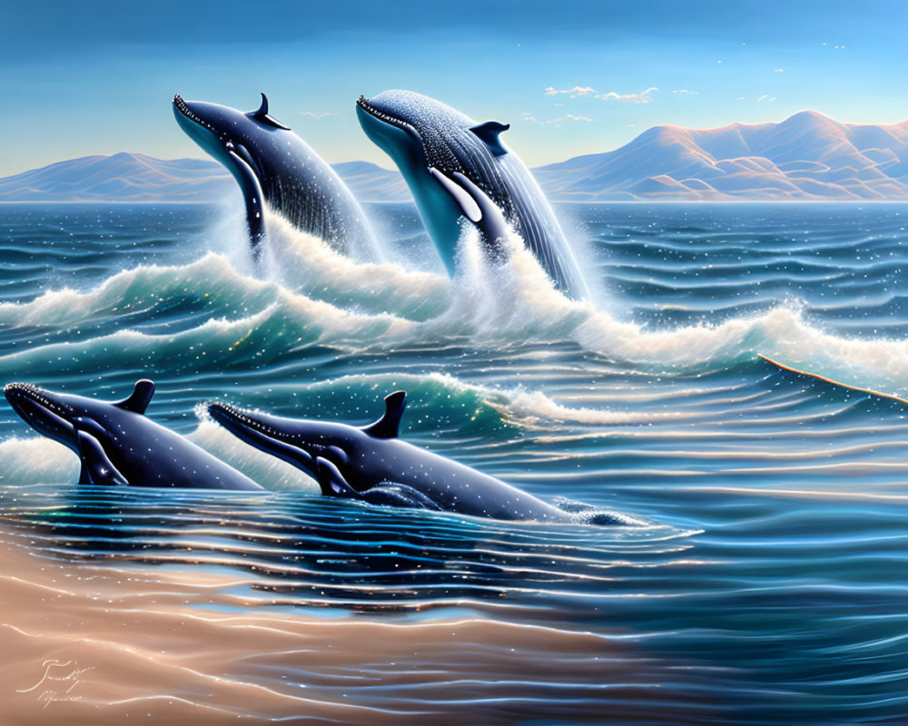 Three breaching whales in sparkling sea with distant mountains and clear blue sky