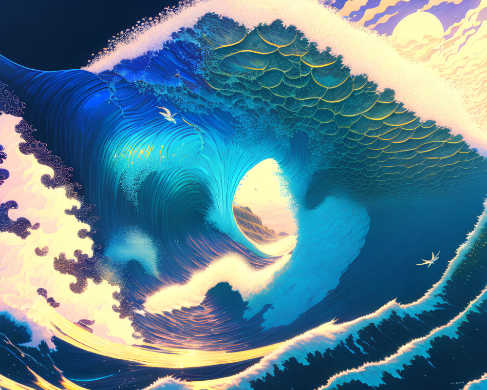 Detailed Illustration of Massive Blue Wave and Pastel Sky