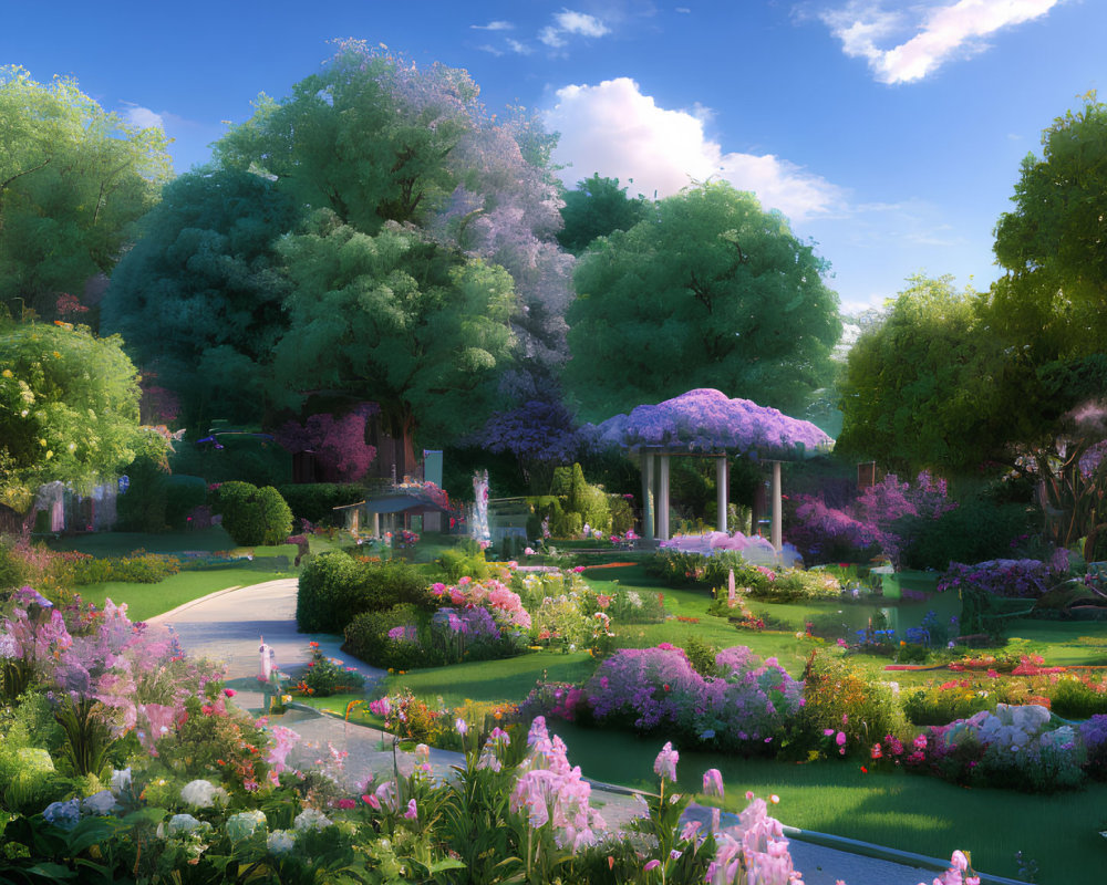 Tranquil garden with blooming flowers, lush trees, winding path, and gazebo
