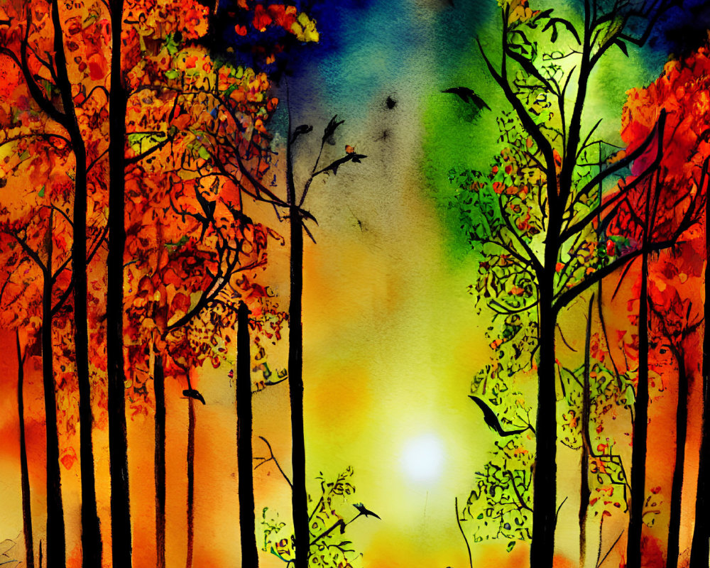 Colorful watercolor painting: Forest sunset with tree silhouettes