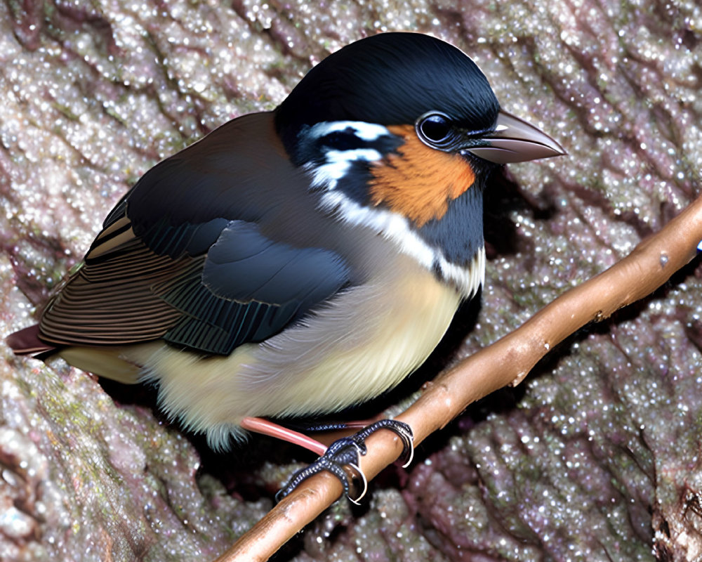 Colorful bird with black, white, blue, and orange-brown plumage on branch against textured