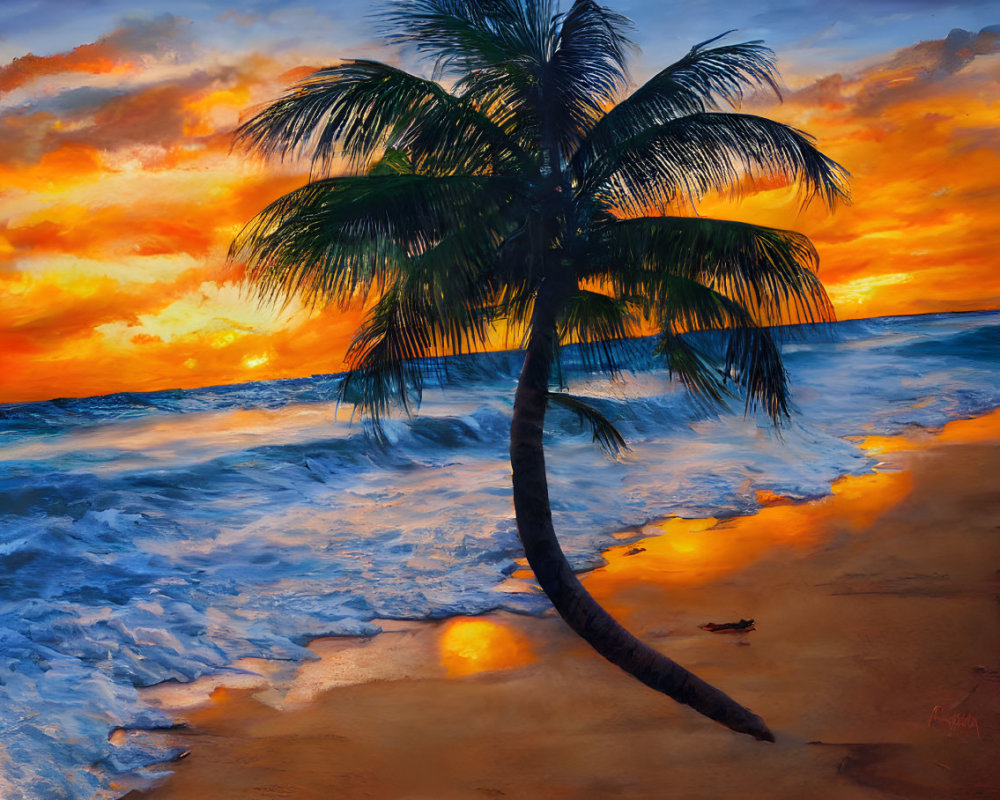 Sandy beach sunset with leaning palm tree and vibrant sky