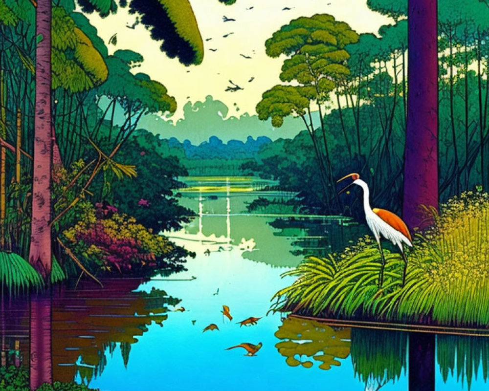 Tranquil forest scene with heron by water and lush flora