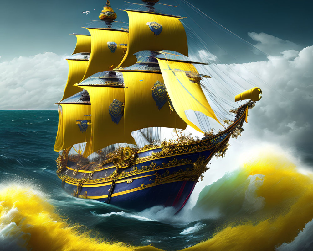 Golden-trimmed sailing ship with yellow sails on high waves and dramatic sky.