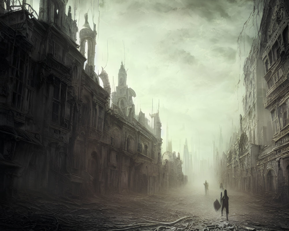 Dystopian cityscape with lone figure in misty atmosphere