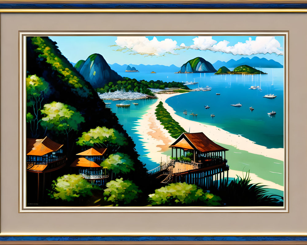 Colorful Coastal Landscape with Greenery, Huts, Beach, Boats, and Mountains