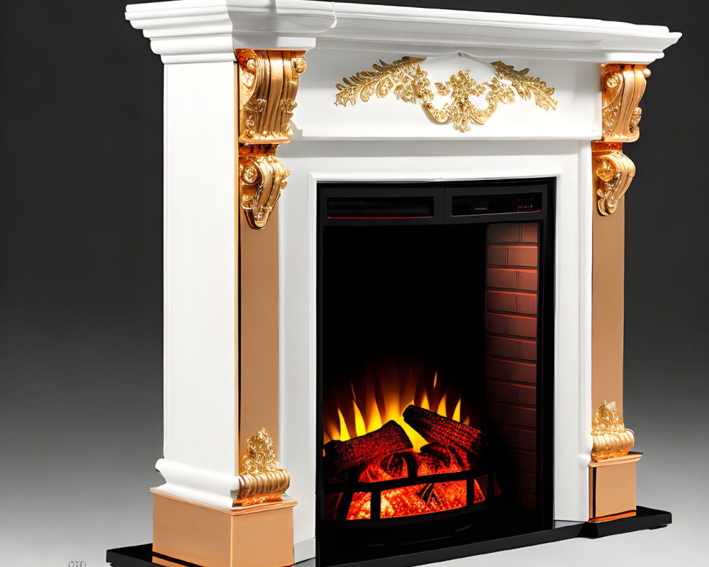 Elegant white fireplace with golden decor and artificial fire on neutral backdrop