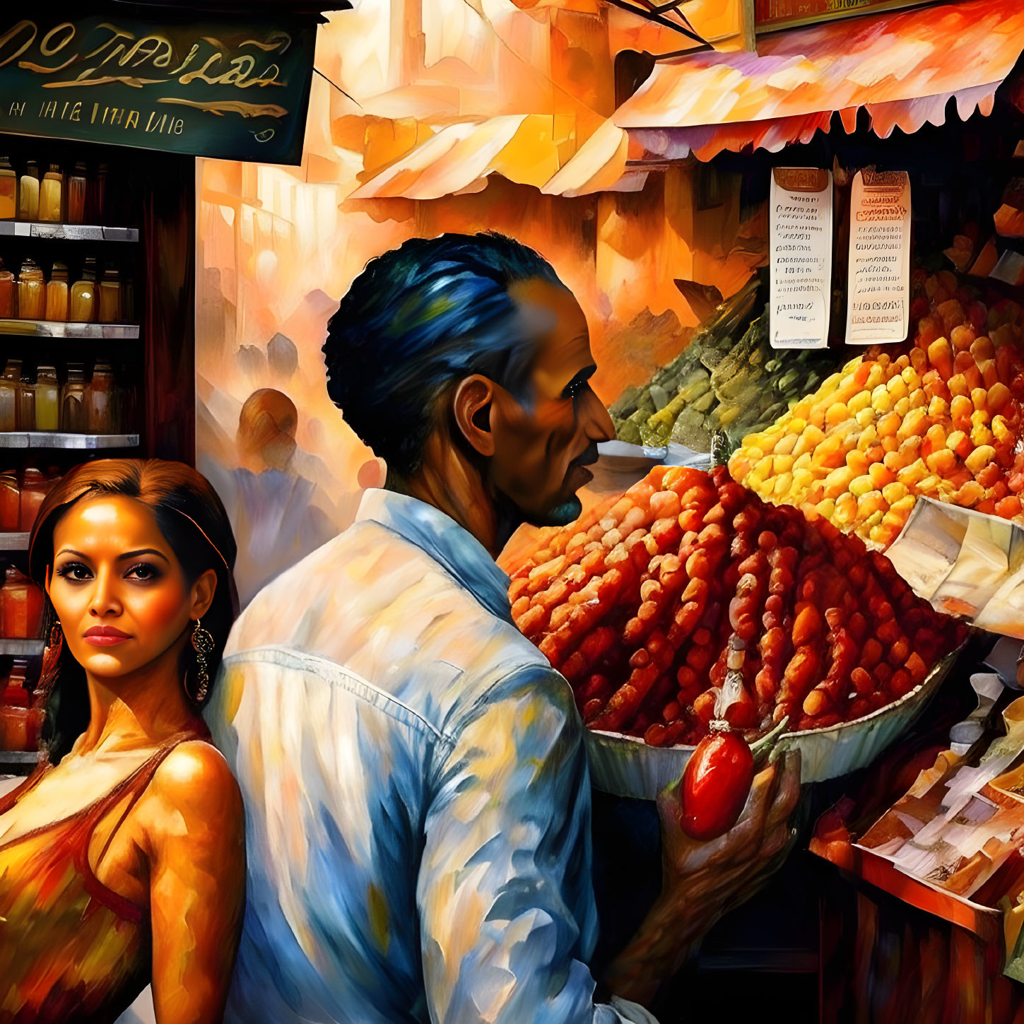 Vibrant digital artwork: man in blue shirt with post-impressionistic features and woman by fruit