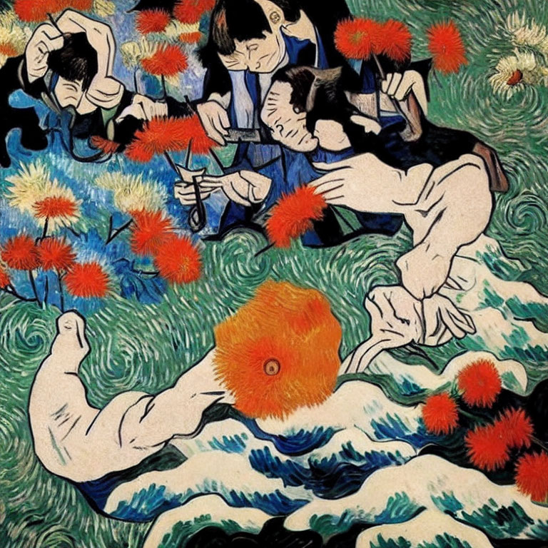 Abstract painting of figures with dark hair among red flowers and blue swirls