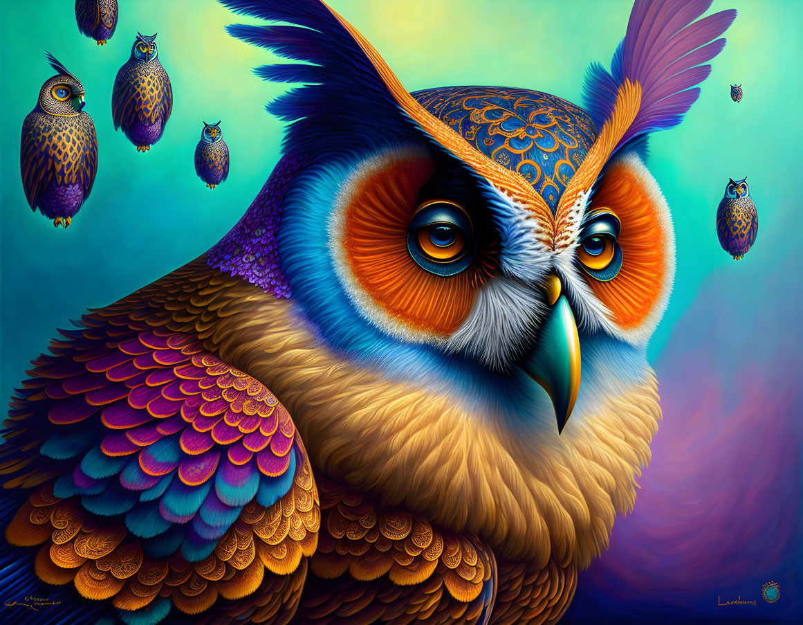 Colorful digital artwork: Ornate owl with intricate patterns, surrounded by smaller owls on blue gradient