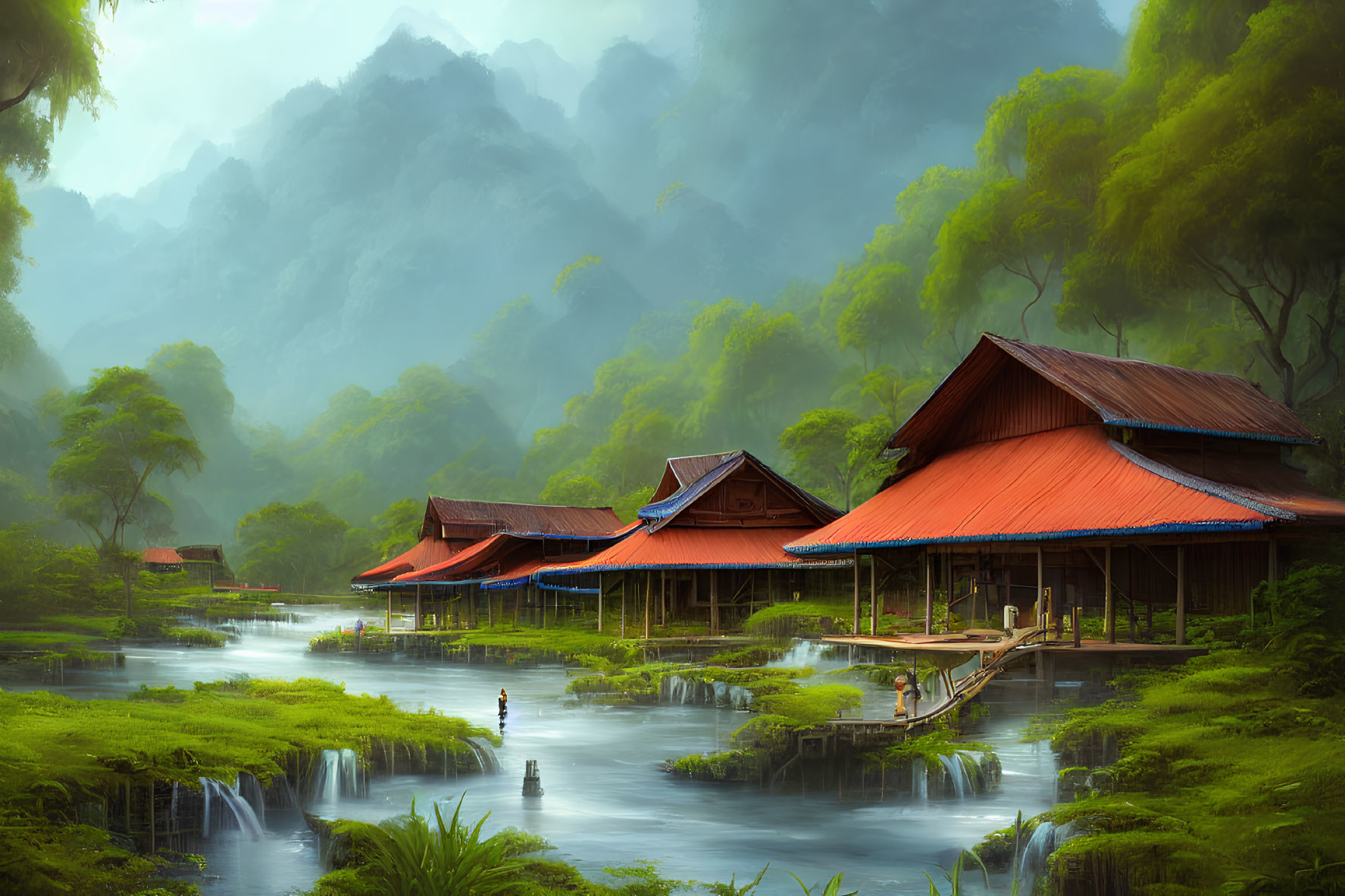 Scenic wooden houses near river with waterfalls