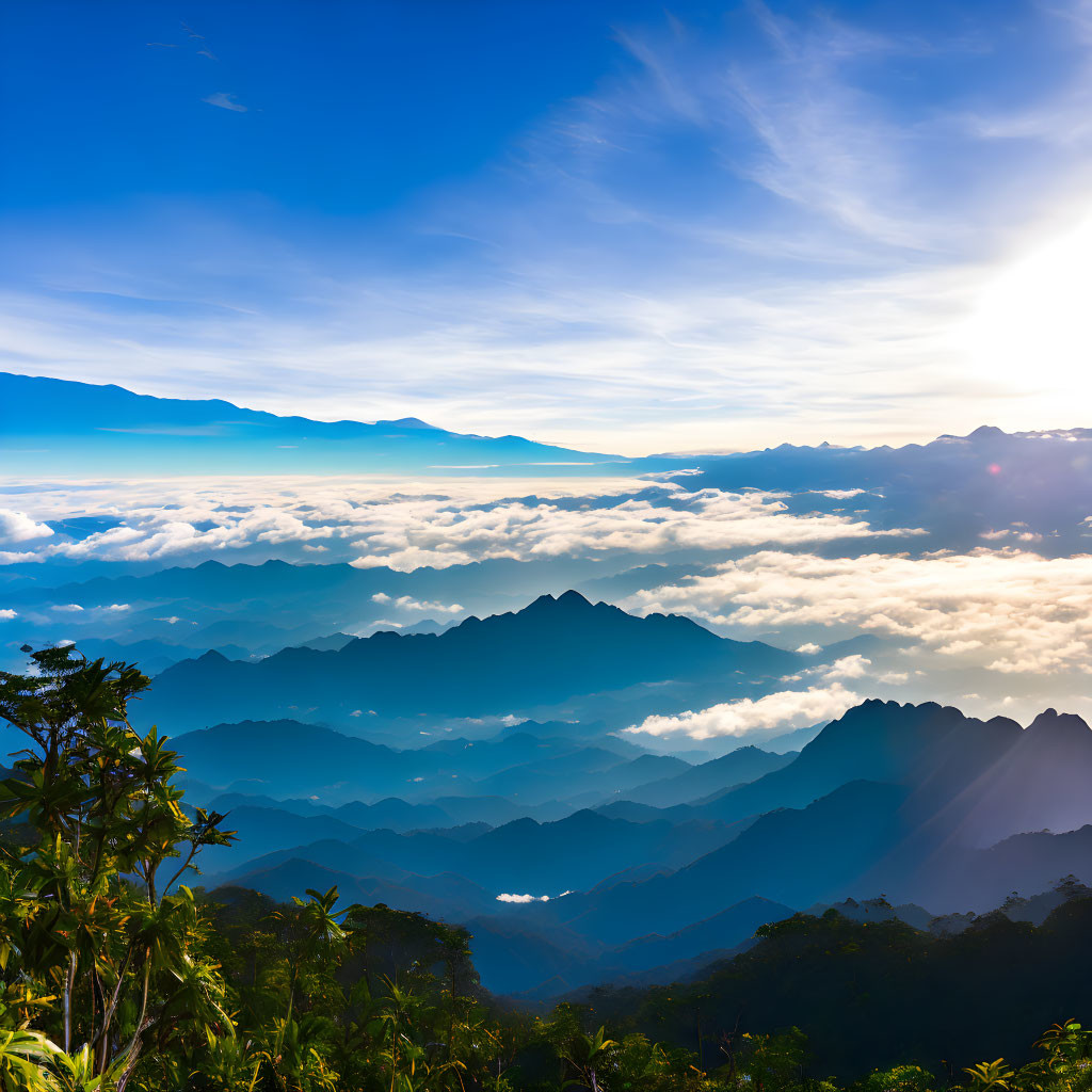 Majestic mountain vista with rugged peaks, sea of clouds, green foliage, and blue sky.