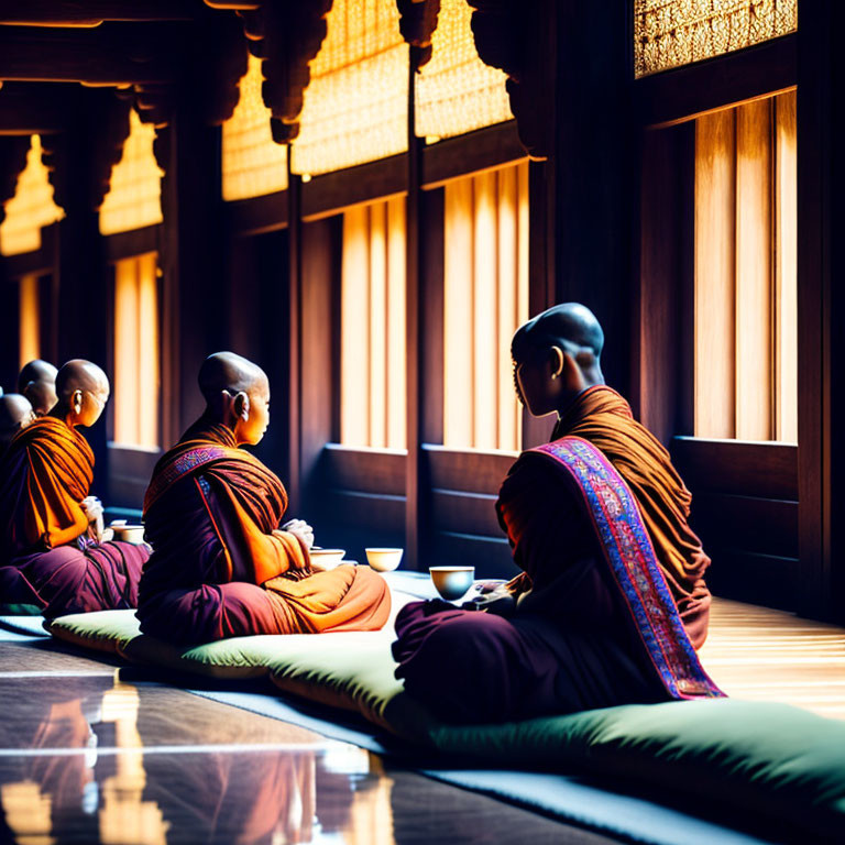 Monks Meditating in Serene Wooden Temple Hall