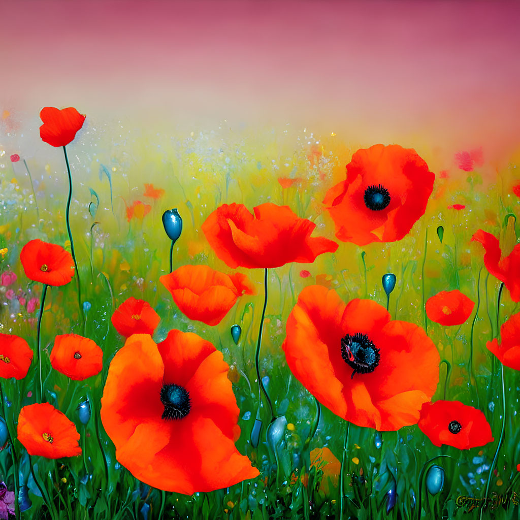 Colorful red poppies with dark centers on green stems against a dreamy multicolored background.
