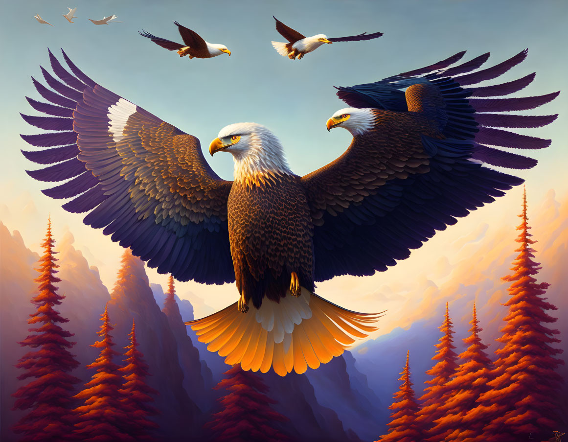 Majestic eagles flying over autumn forest and mountains
