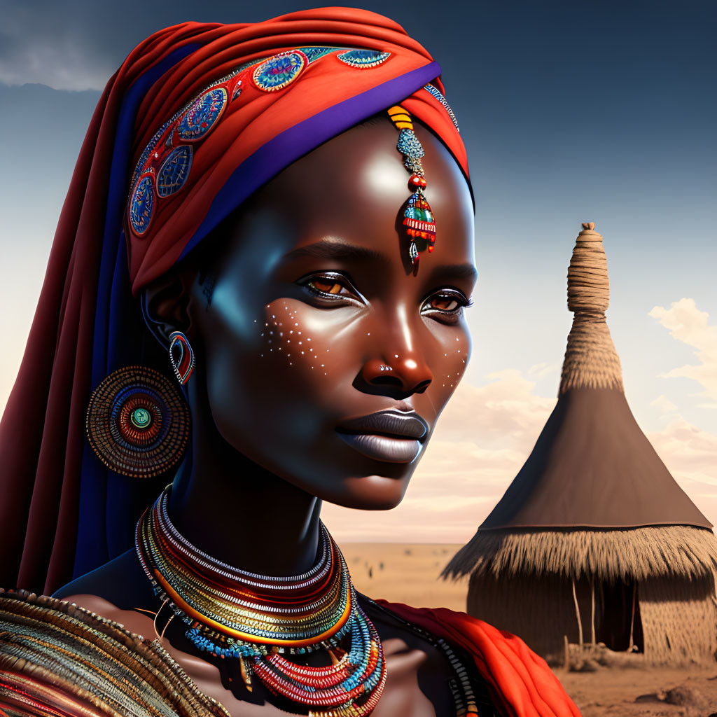 Digital portrait of African woman with traditional jewelry, headscarf, and thatched hut in background.